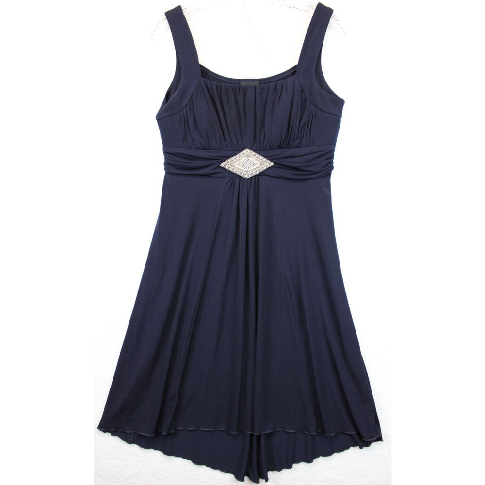 Enfocus Studio Strap Dress Adorned Ruched High Low Women 8 Navy Evening Festive